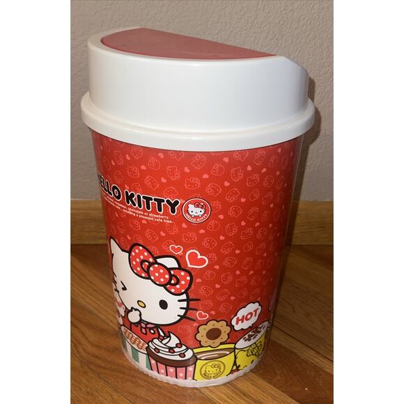 Rare 2014 Sanrio Hello Kitty Red Cafe Time Trash Recycle Bin With Lid NEW! 13” - Picture 4 of 10